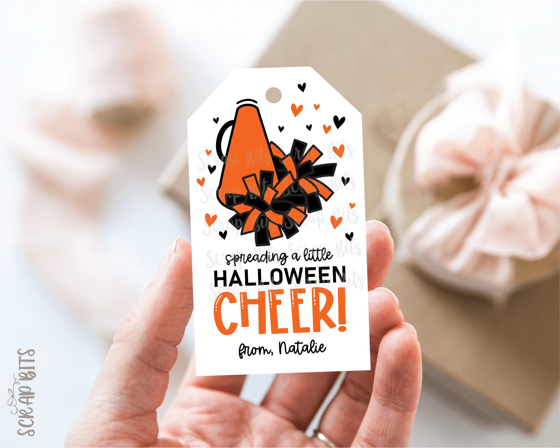 Halloween Cheer Tags, Megaphone + Pom Poms, Personalized Halloween Gift Tags - Scrap Bits