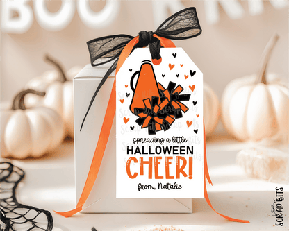 Halloween Cheer Tags, Megaphone + Pom Poms, Personalized Halloween Gift Tags - Scrap Bits