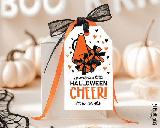 Halloween Cheer Tags, Megaphone + Pom Poms, Personalized Halloween Gift Tags - Scrap Bits