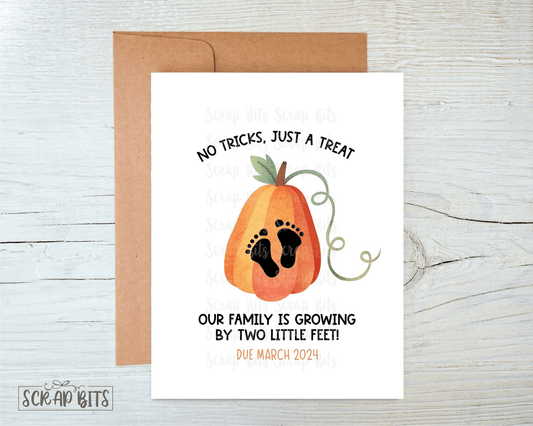 Halloween Pregnancy Reveal Card, No Tricks Watercolor Pumpkin Baby Feet - Scrap Bits