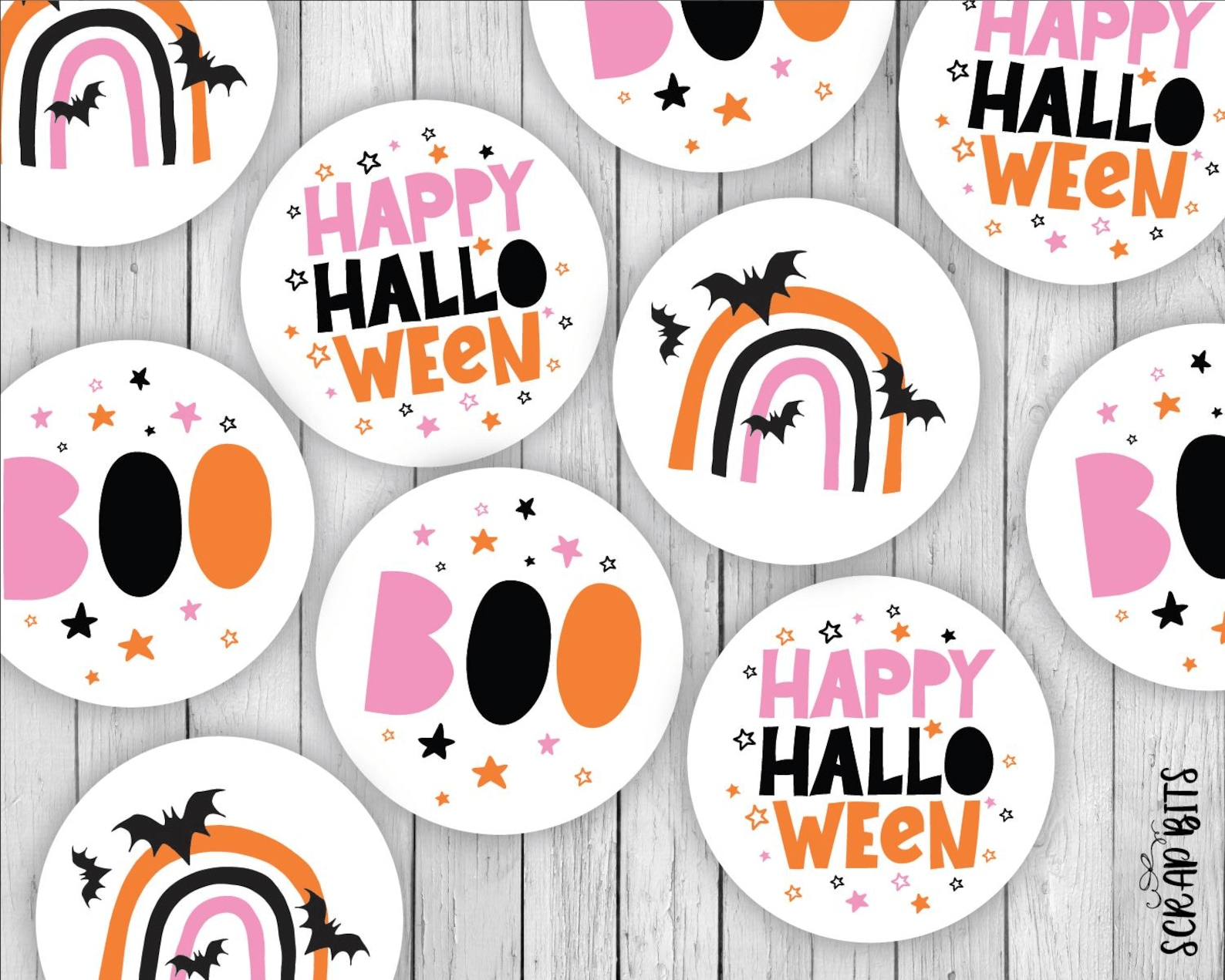 Halloween Sticker Set, Boo, Rainbow with Bats, Orange + Pink - Scrap Bits