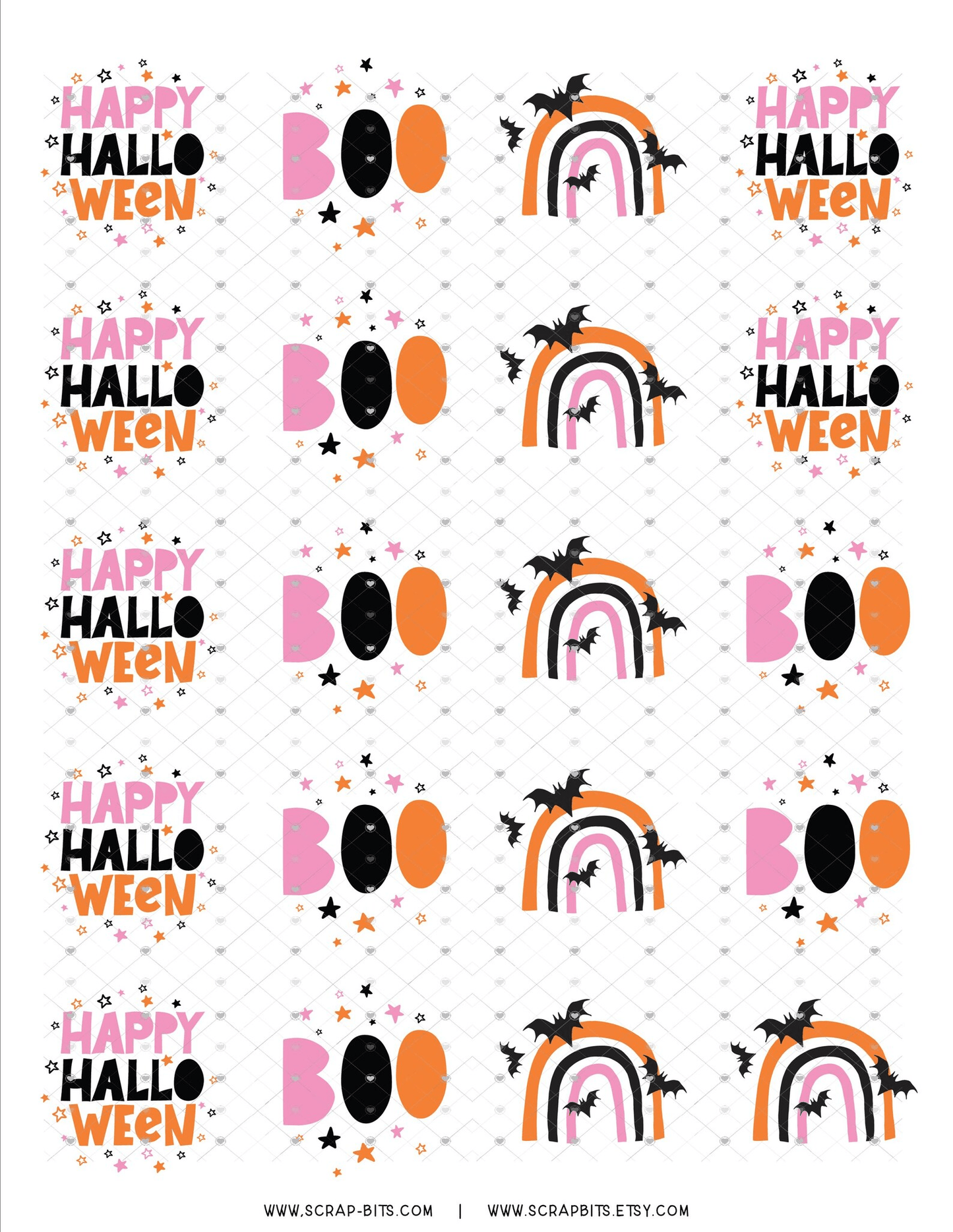 Halloween Sticker Set, Boo, Rainbow with Bats, Orange + Pink - Scrap Bits