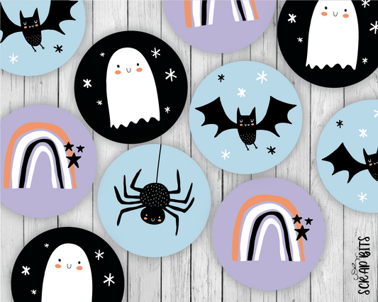 Halloween Sticker Set, Ghost, Bat, Spider Rainbow, Blue + Purple - Scrap Bits