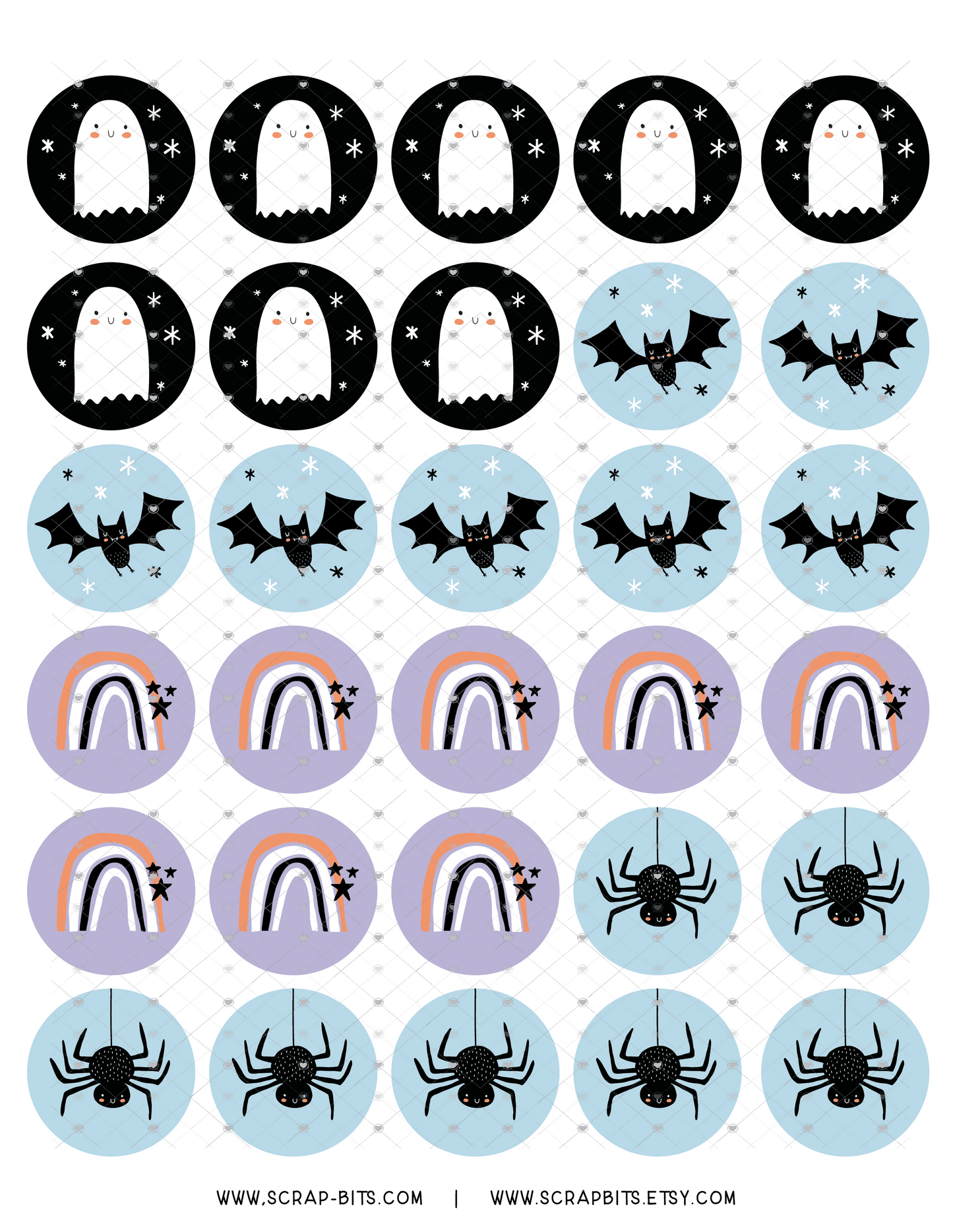 Halloween Sticker Set, Ghost, Bat, Spider Rainbow, Blue + Purple - Scrap Bits