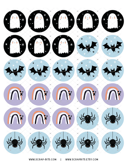 Halloween Sticker Set, Ghost, Bat, Spider Rainbow, Blue + Purple - Scrap Bits