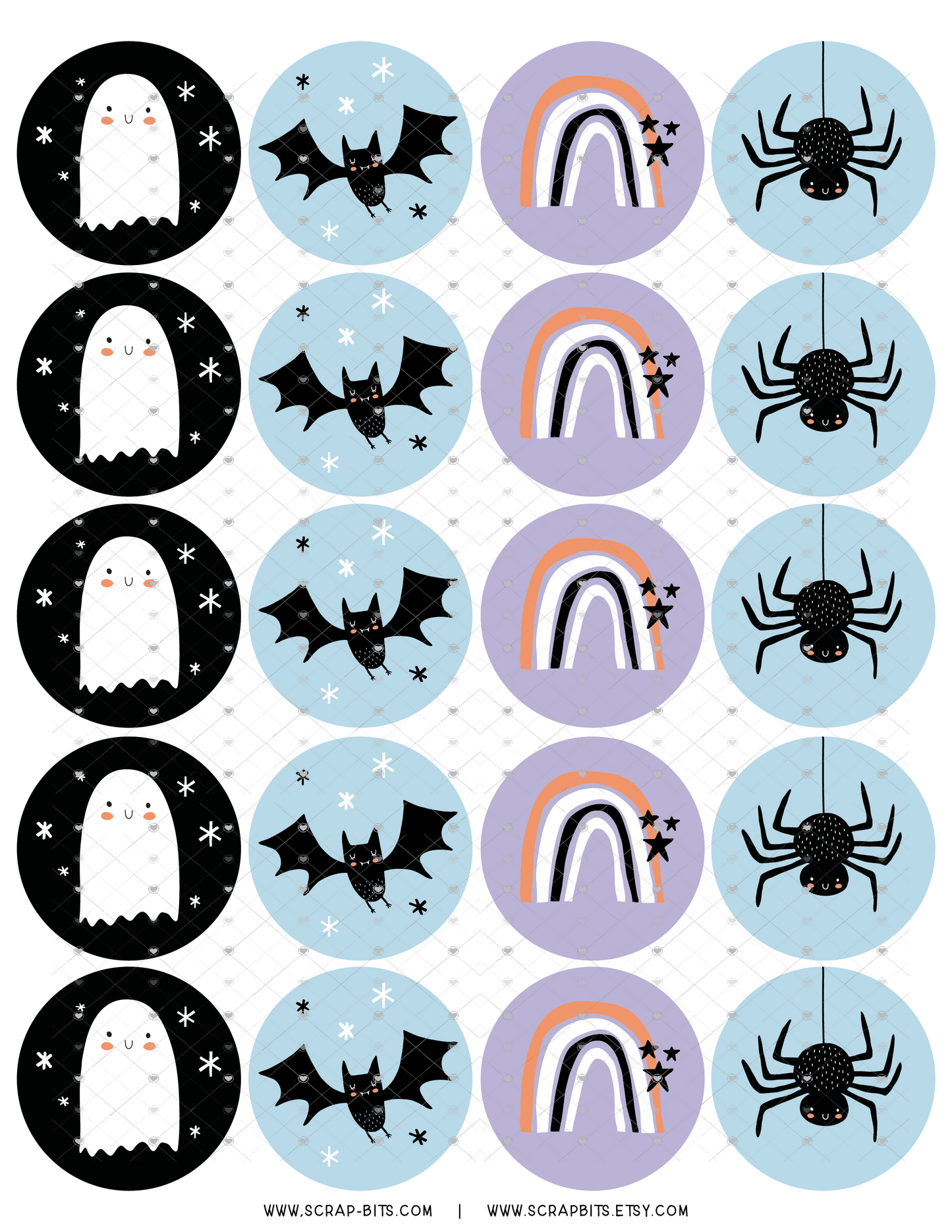 Halloween Sticker Set, Ghost, Bat, Spider Rainbow, Blue + Purple - Scrap Bits