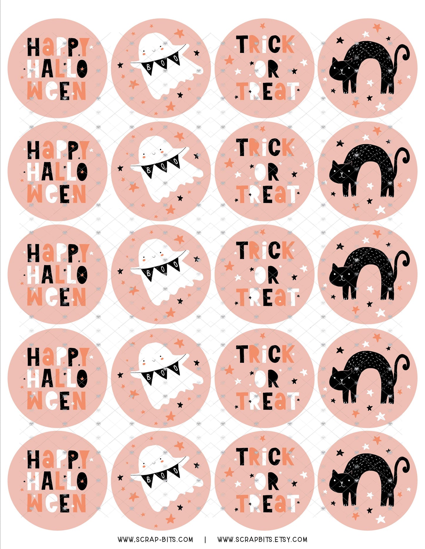 Halloween Sticker Set, Ghost, Cat, Trick or Treat on Pink - Scrap Bits