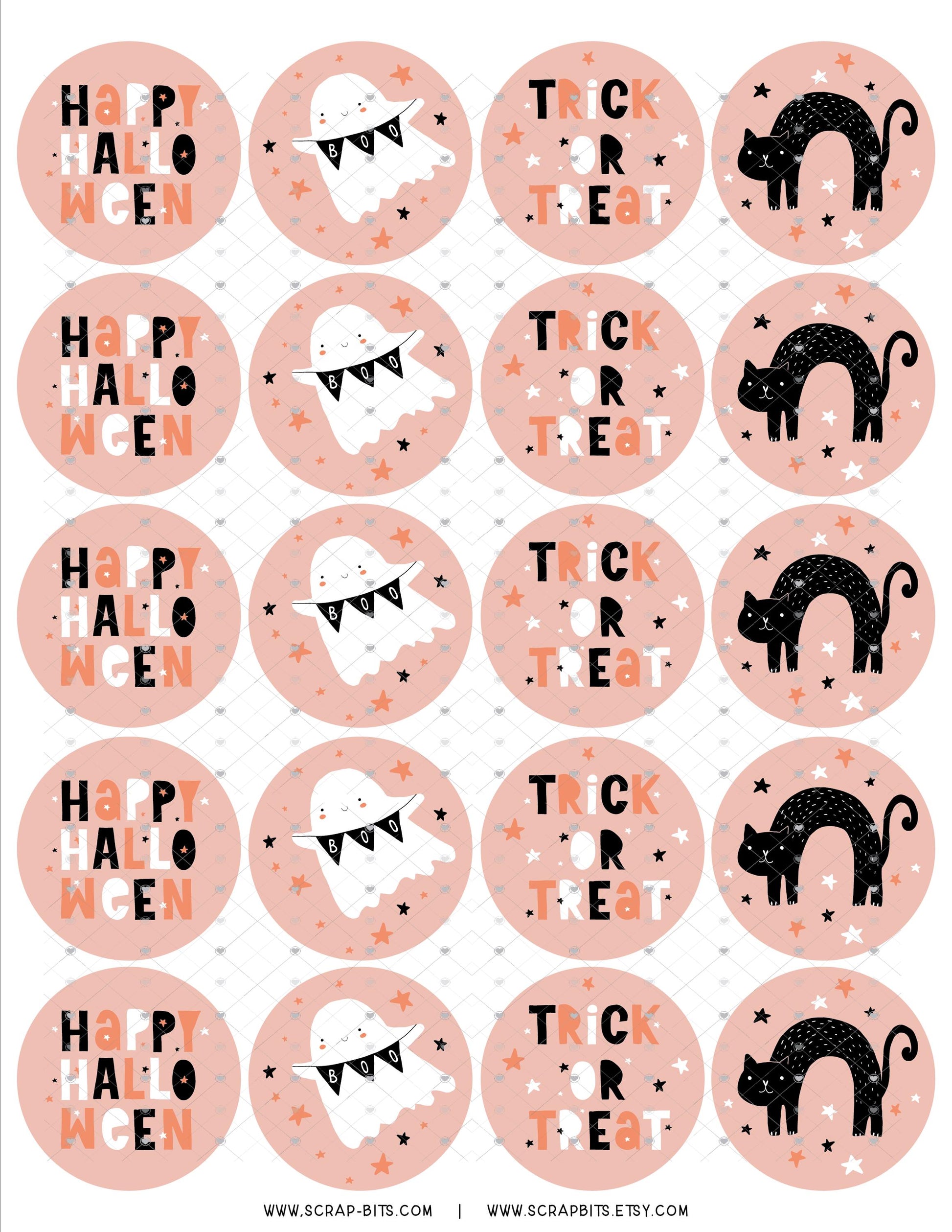 Halloween Sticker Set, Ghost, Cat, Trick or Treat on Pink - Scrap Bits