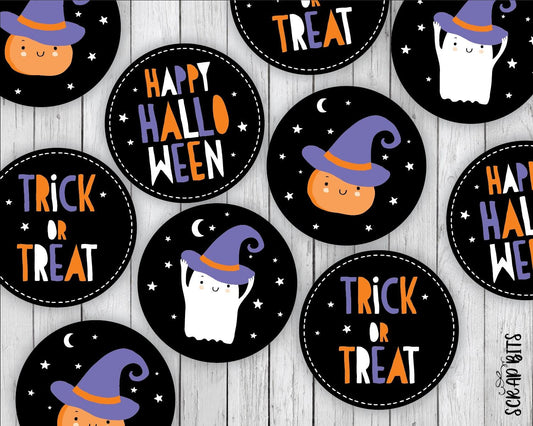 Halloween Sticker Set, Ghost, Pumpkin, Trick or Treat on Black - Scrap Bits