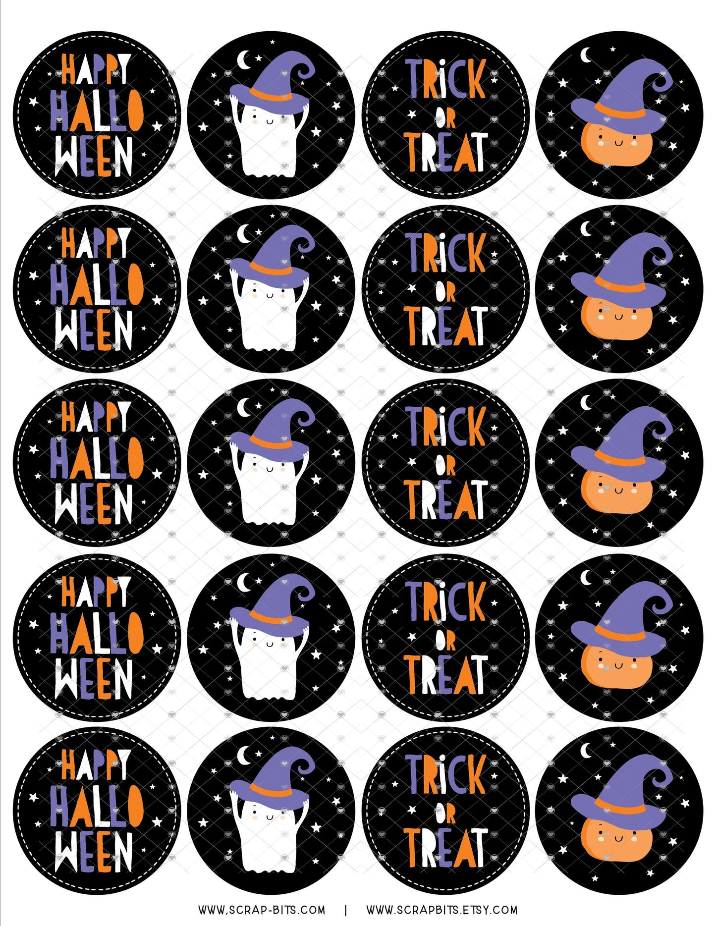 Halloween Sticker Set, Ghost, Pumpkin, Trick or Treat on Black - Scrap Bits