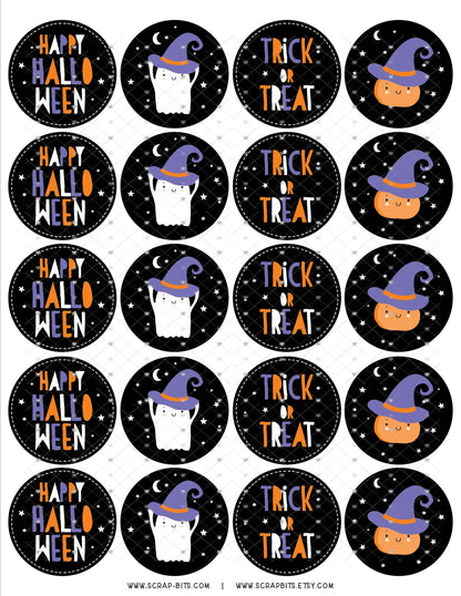 Halloween Sticker Set, Ghost, Pumpkin, Trick or Treat on Black - Scrap Bits