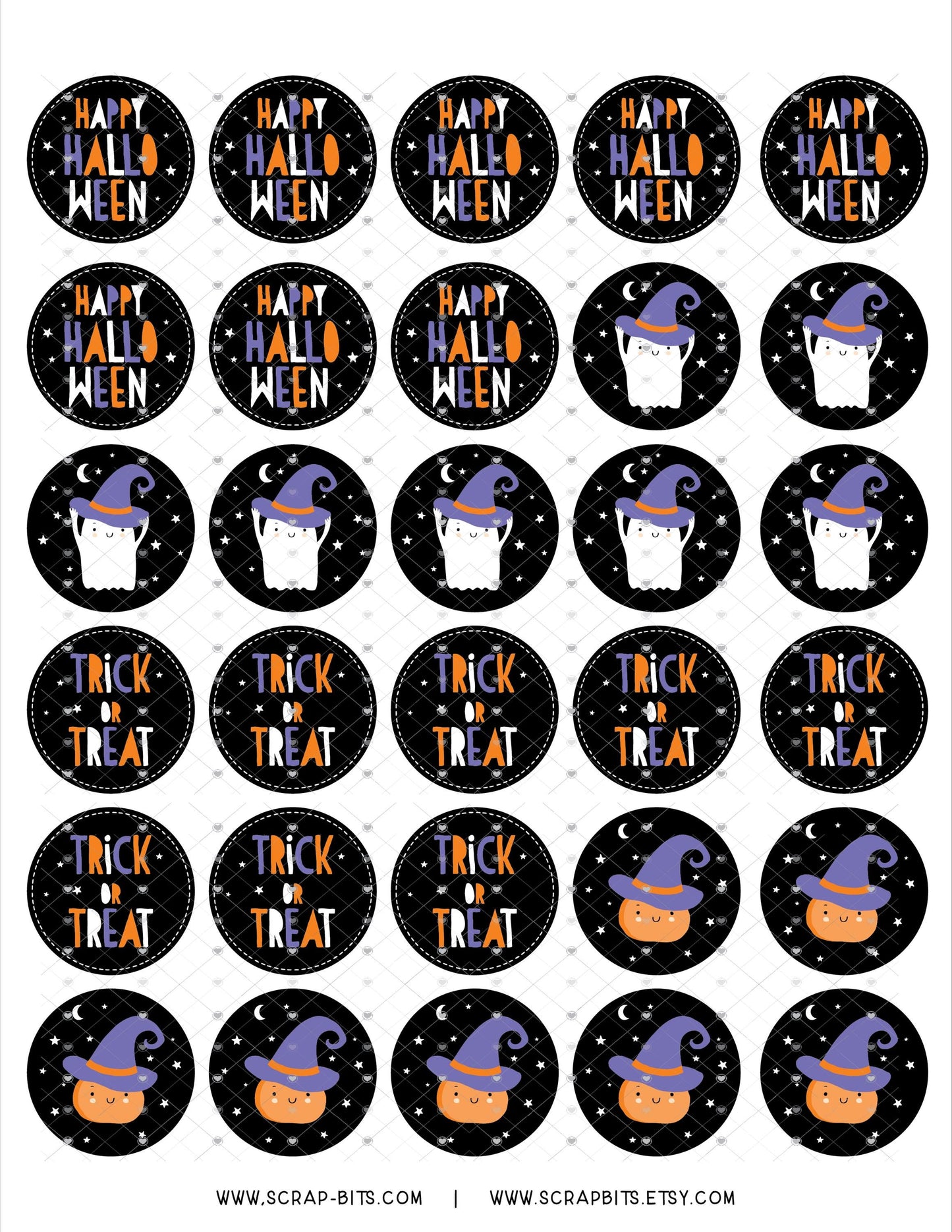 Halloween Sticker Set, Ghost, Pumpkin, Trick or Treat on Black - Scrap Bits