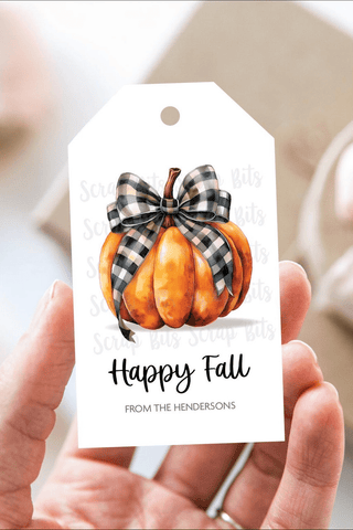 Happy Fall Tags, Watercolor Pumpkin with Buffalo Plaid Ribbon . Personalized Gift or Favor Tags - Scrap Bits