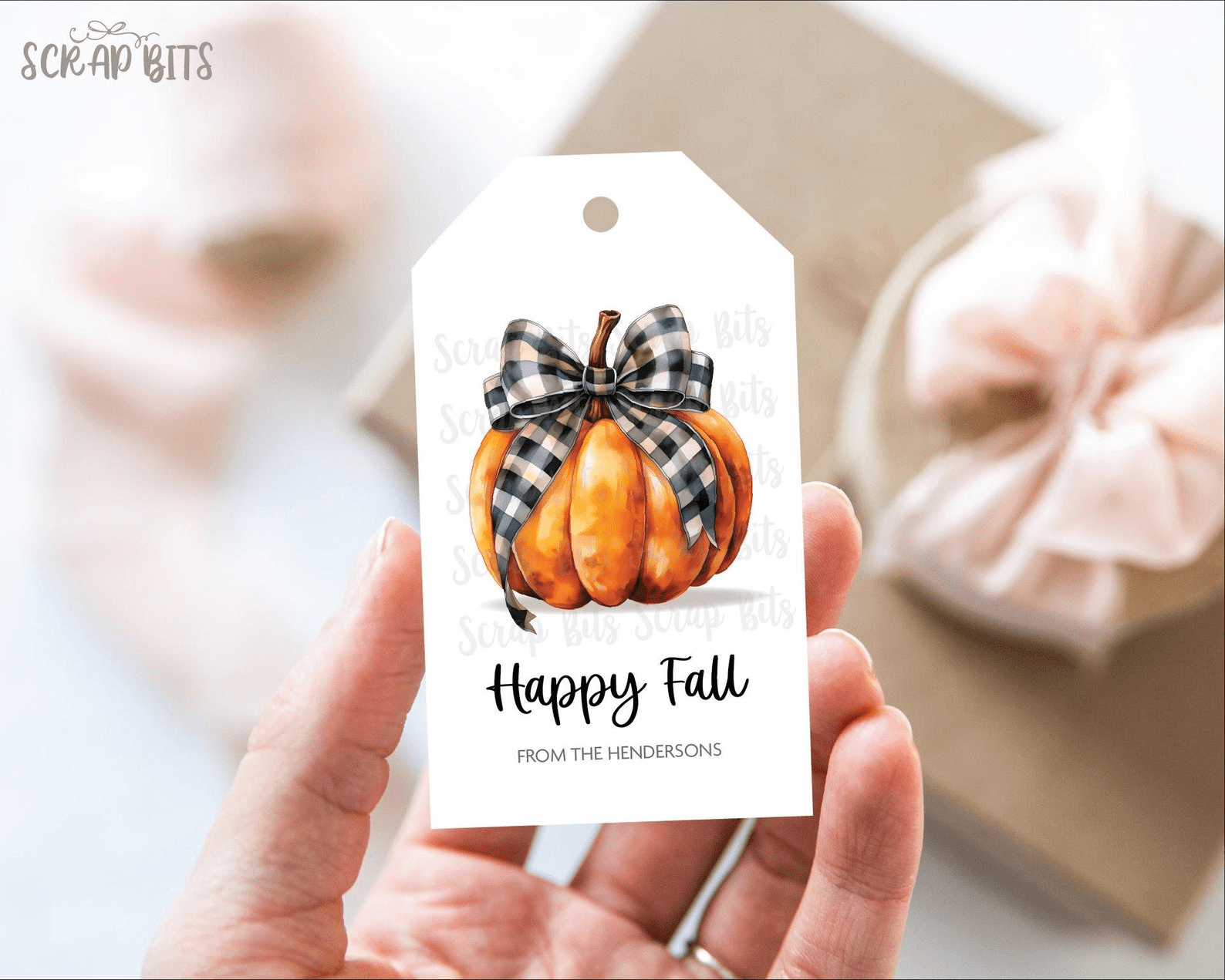 Happy Fall Tags, Watercolor Pumpkin with Buffalo Plaid Ribbon . Personalized Gift or Favor Tags - Scrap Bits