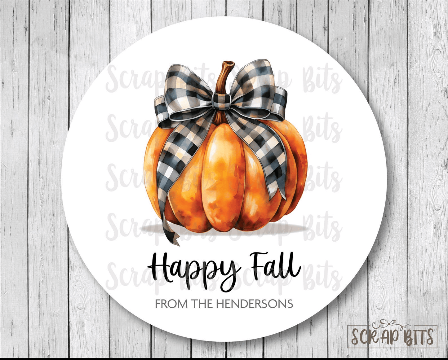 Happy Fall Tags, Watercolor Pumpkin with Buffalo Plaid Ribbon, Personalized Stickers or Tags - Scrap Bits