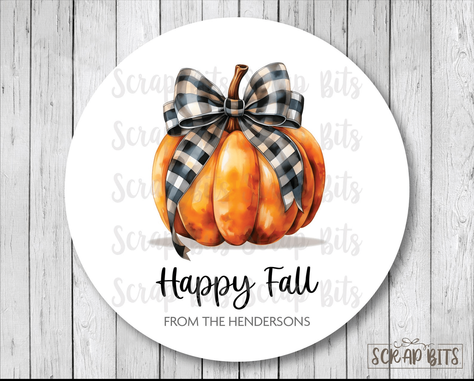Happy Fall Tags, Watercolor Pumpkin with Buffalo Plaid Ribbon, Personalized Stickers or Tags - Scrap Bits
