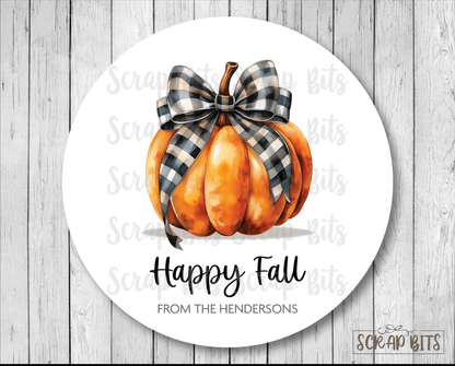 Happy Fall Tags, Watercolor Pumpkin with Buffalo Plaid Ribbon, Personalized Stickers or Tags - Scrap Bits