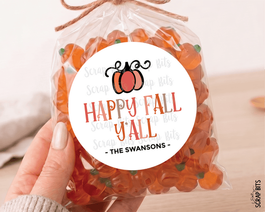 Happy Fall Y'all, Doodle Pumpkin, Personalized Stickers or Tags - Scrap Bits