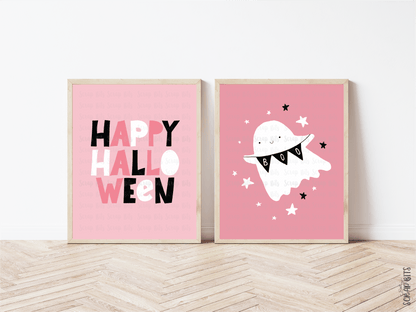 Happy Halloween Gallery Wall Set, Pink Ghost & Stars . Instant Download, 5 Print Sizes - Scrap Bits