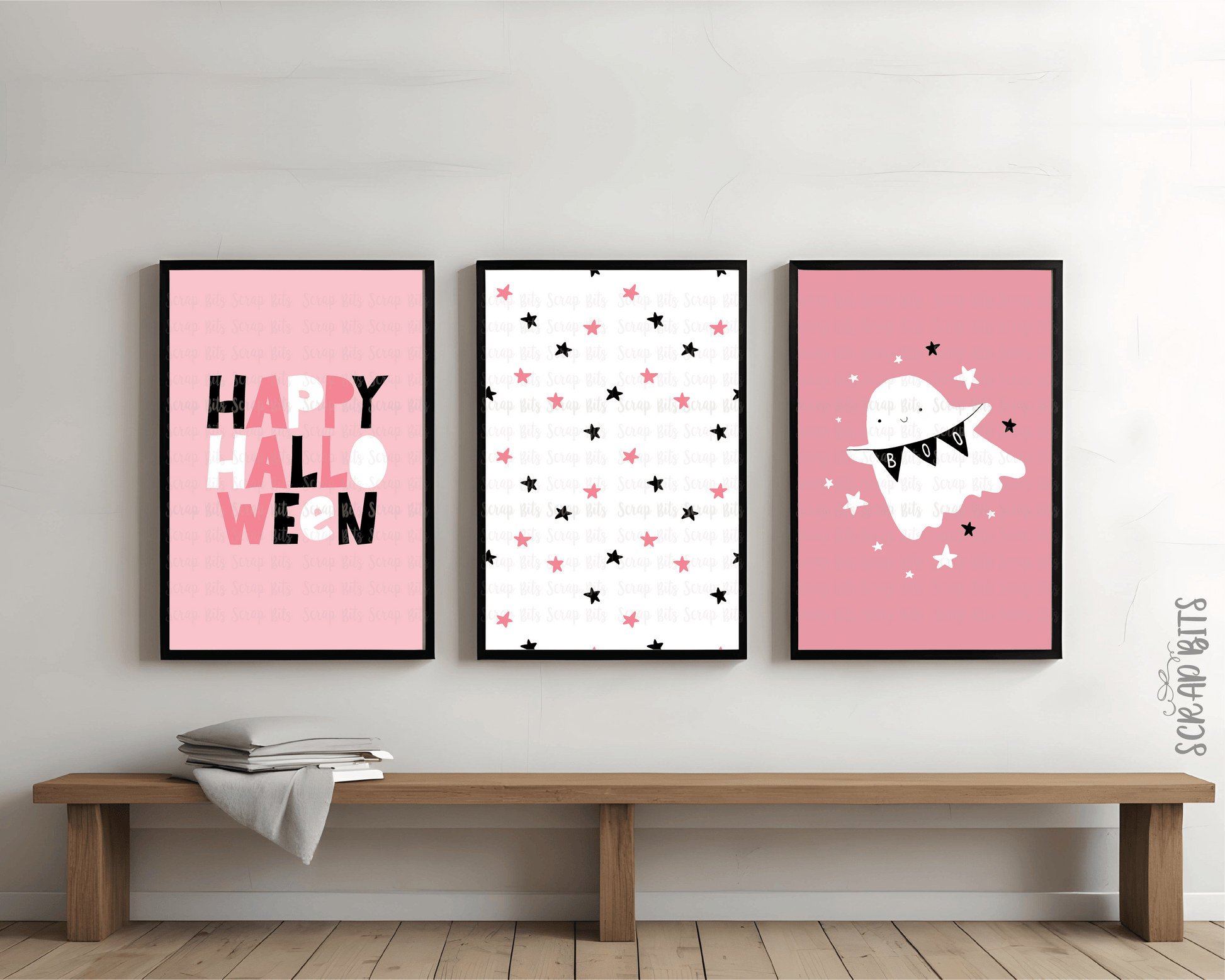 Happy Halloween Gallery Wall Set, Pink Ghost & Stars . Instant Download, 5 Print Sizes - Scrap Bits