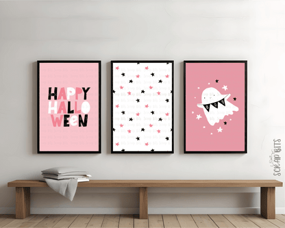 Happy Halloween Gallery Wall Set, Pink Ghost & Stars . Instant Download, 5 Print Sizes - Scrap Bits