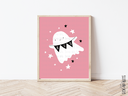 Happy Halloween Gallery Wall Set, Pink Ghost & Stars . Instant Download, 5 Print Sizes - Scrap Bits