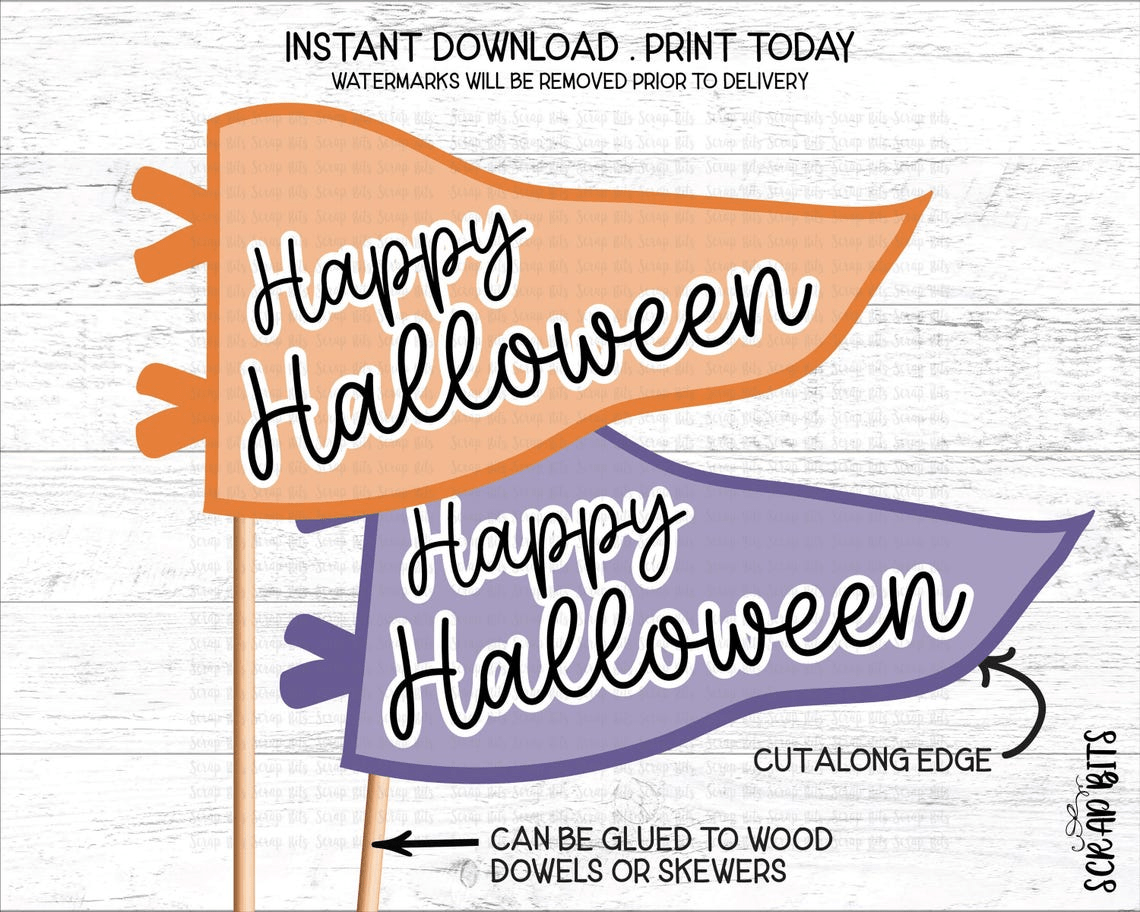 Happy Halloween Pennant Flags, Orange + Purple Printable Gift Bag Decor, Instant Download - Scrap Bits