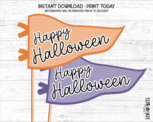 Happy Halloween Pennant Flags, Orange + Purple Printable Gift Bag Decor, Instant Download - Scrap Bits