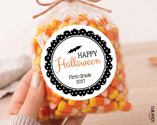 Happy Halloween, Polka Dots Scallop Frame . Halloween Stickers or Tags - Scrap Bits