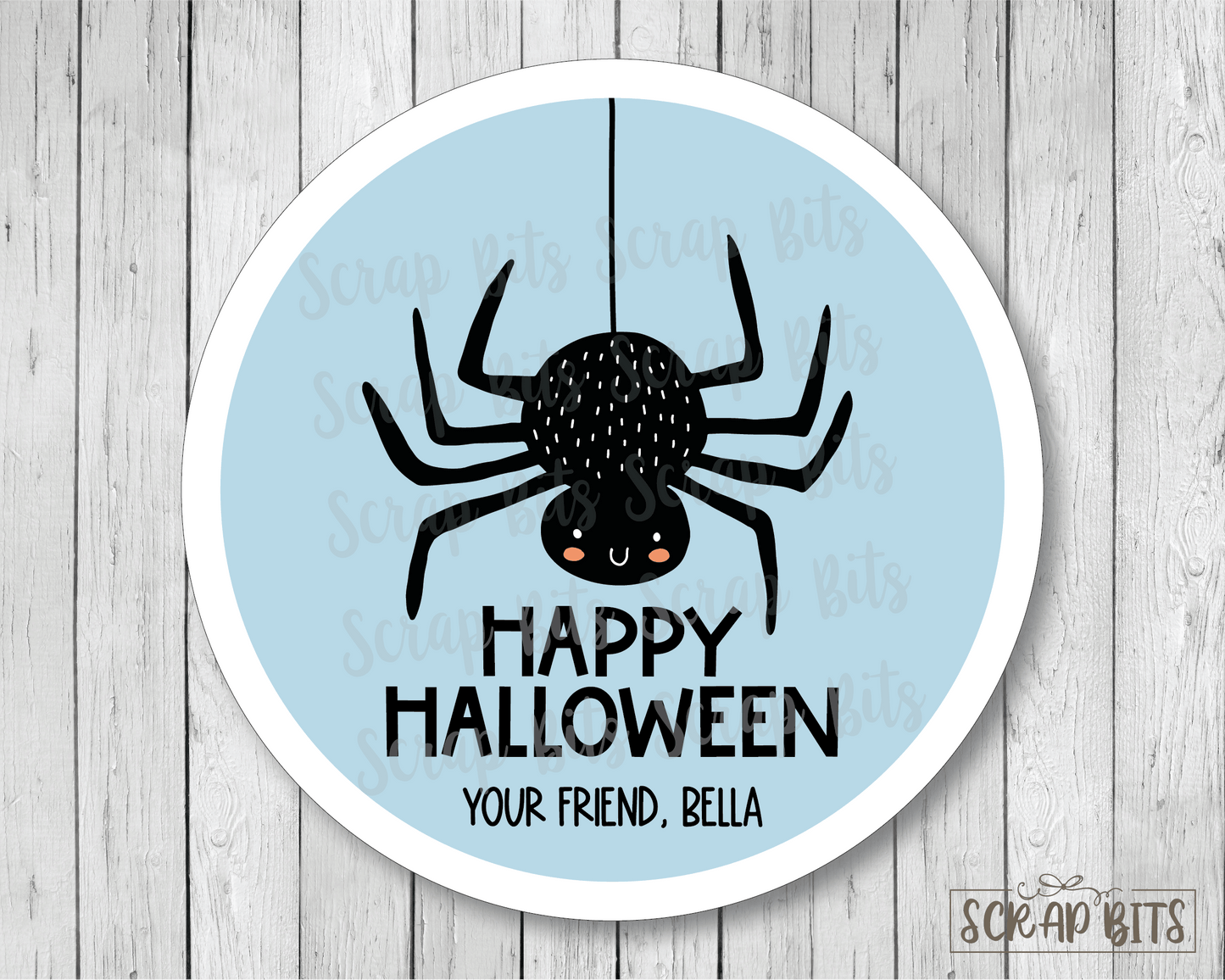 Happy Halloween Stickers, Blue Spider, Halloween Treat Labels or Tags - Scrap Bits
