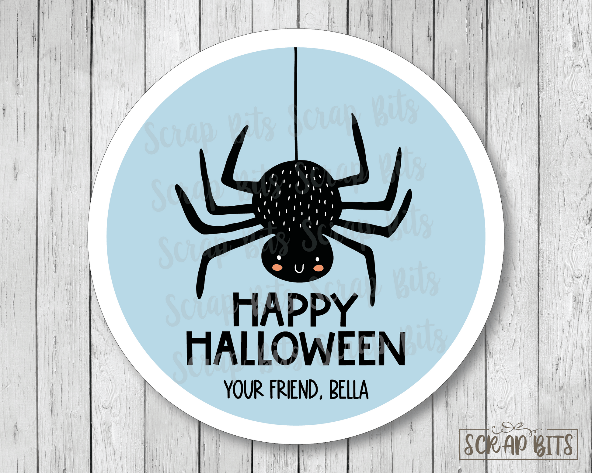 Happy Halloween Stickers, Blue Spider, Halloween Treat Labels or Tags - Scrap Bits