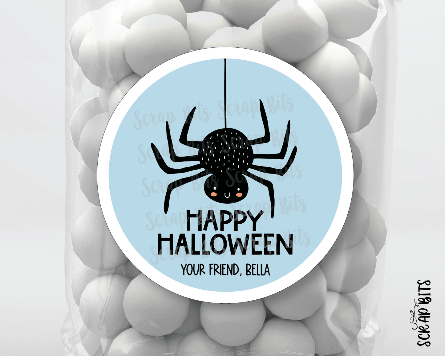 Happy Halloween Stickers, Blue Spider, Halloween Treat Labels or Tags - Scrap Bits