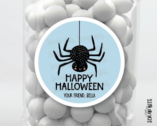 Happy Halloween Stickers, Blue Spider, Halloween Treat Labels or Tags - Scrap Bits