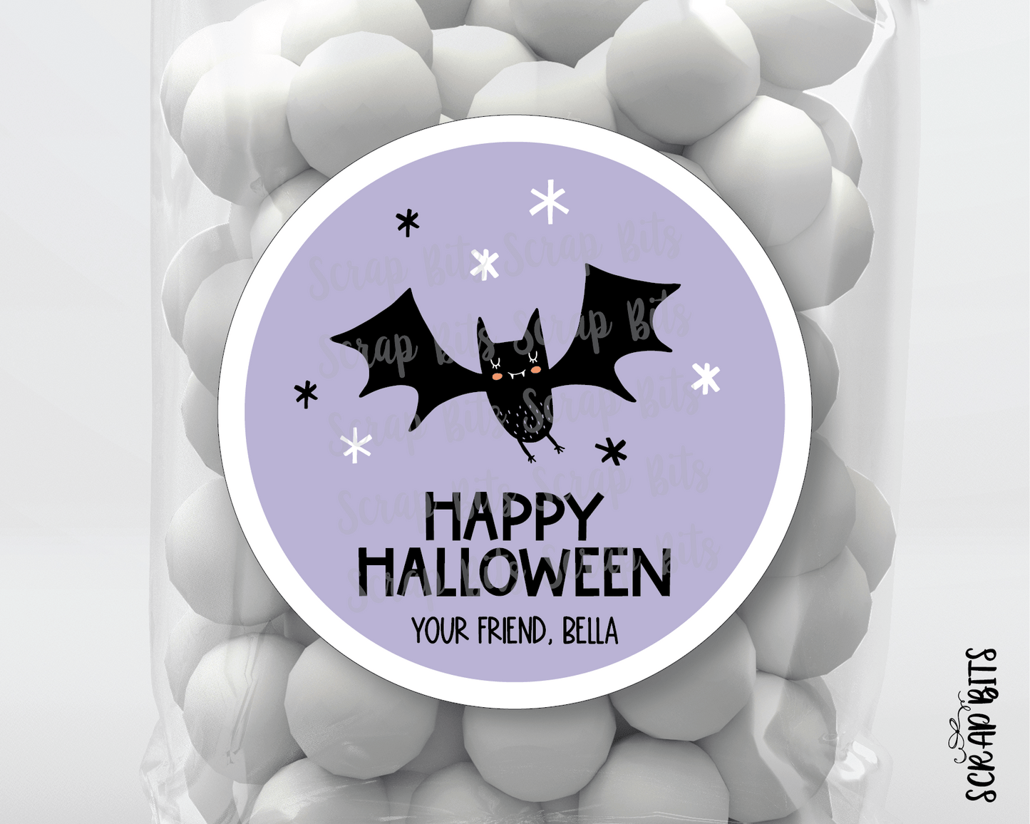 Happy Halloween Stickers, Purple Bat, Halloween Treat Labels or Tags - Scrap Bits