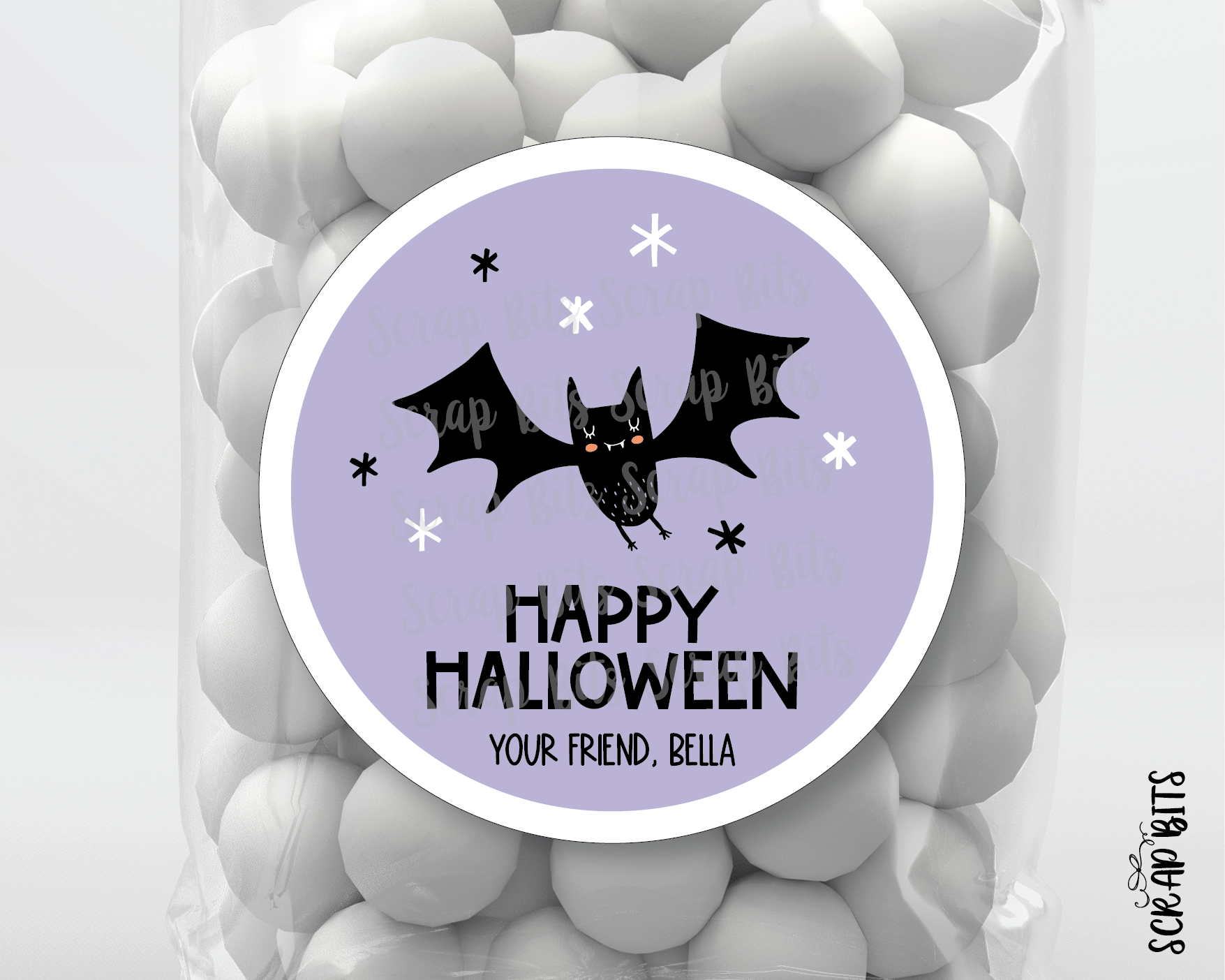 Happy Halloween Stickers, Purple Bat, Halloween Treat Labels or Tags - Scrap Bits