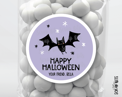 Happy Halloween Stickers, Purple Bat, Halloween Treat Labels or Tags - Scrap Bits