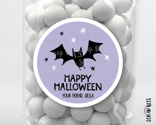 Happy Halloween Stickers, Purple Bat, Halloween Treat Labels or Tags - Scrap Bits