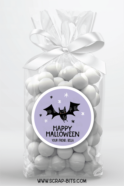 Happy Halloween Stickers, Purple Bat, Halloween Treat Labels or Tags - Scrap Bits