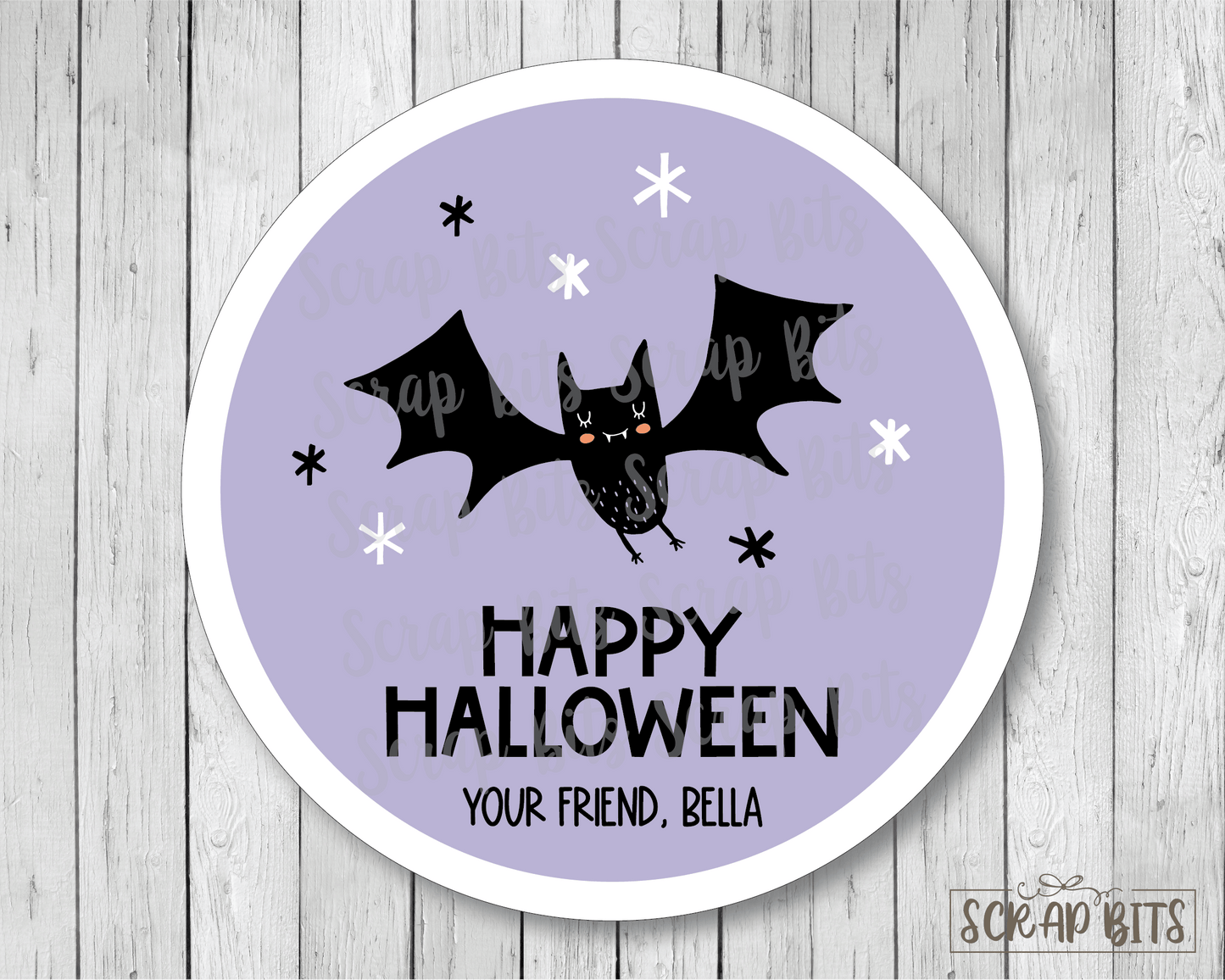 Happy Halloween Stickers, Purple Bat, Halloween Treat Labels or Tags - Scrap Bits