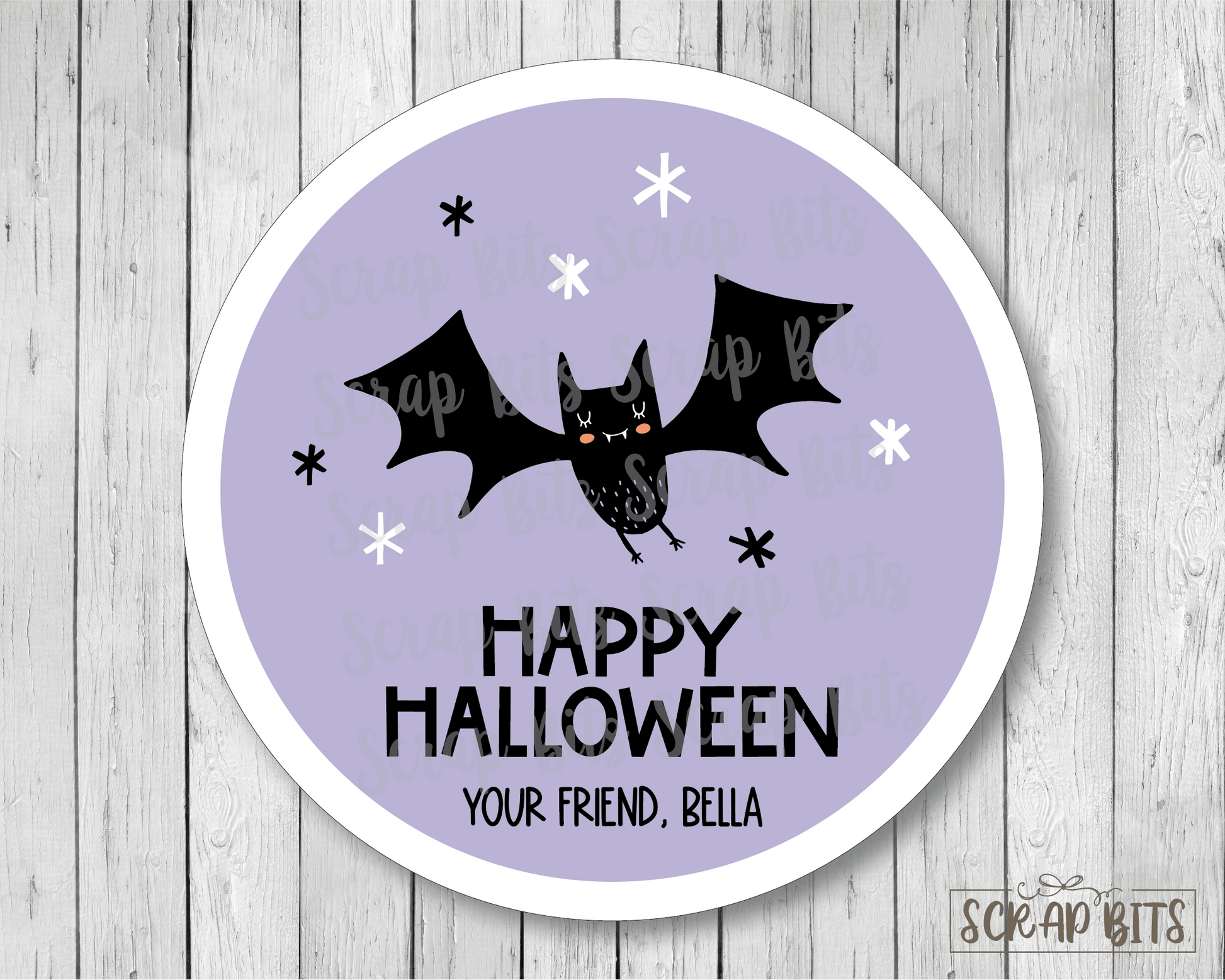 Happy Halloween Stickers, Purple Bat, Halloween Treat Labels or Tags - Scrap Bits