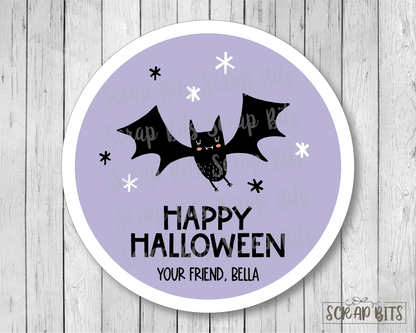 Happy Halloween Stickers, Purple Bat, Halloween Treat Labels or Tags - Scrap Bits
