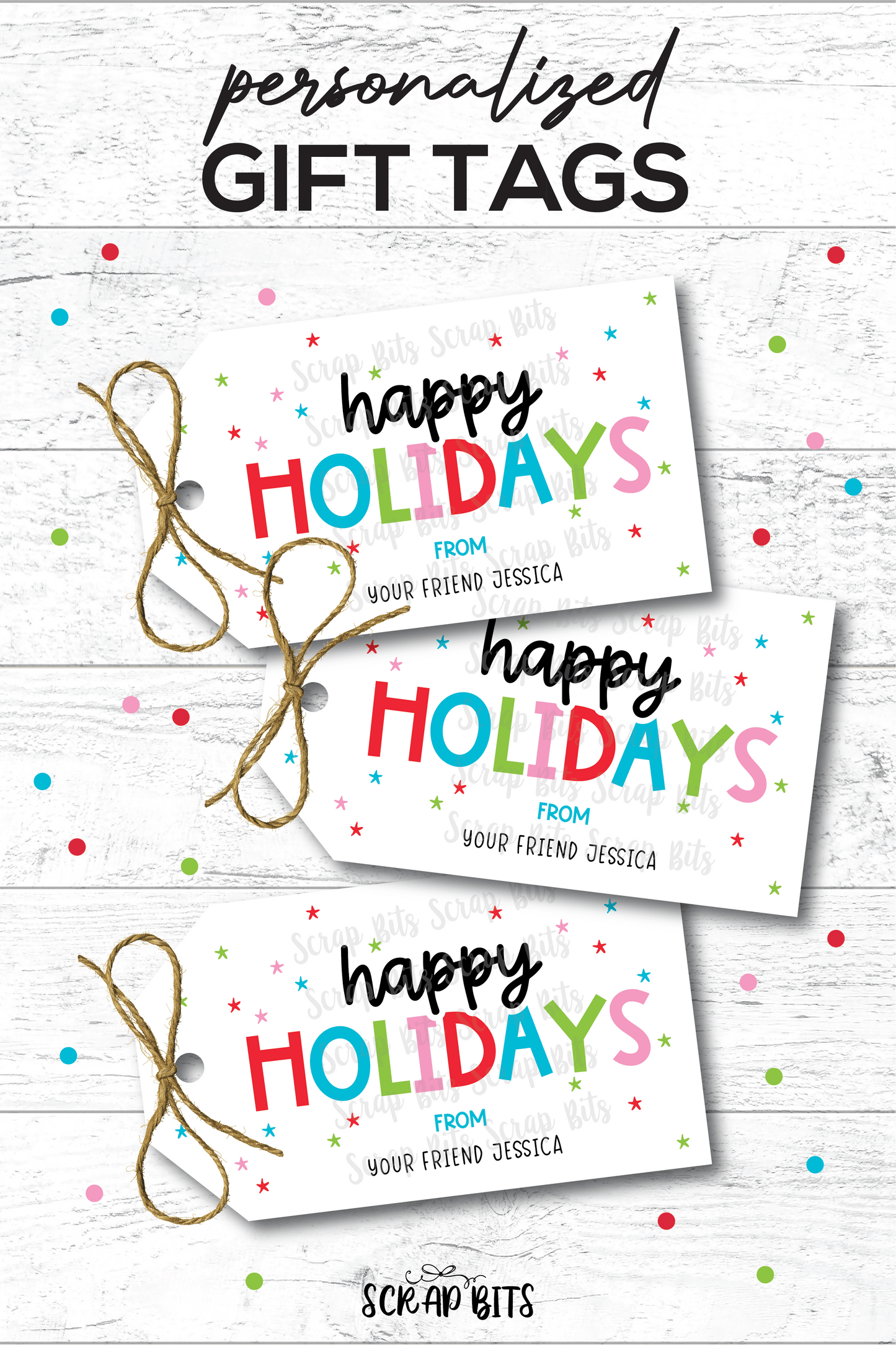 Happy Holidays Playful Lettering, Personalized Christmas Gift Tags - Scrap Bits