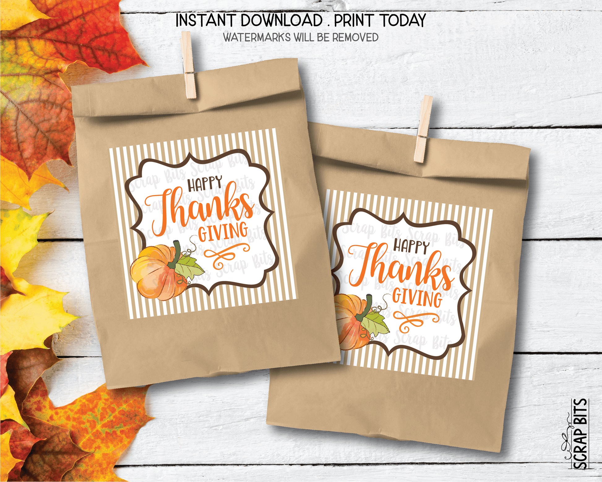 Happy Thanksgiving Tags, Frame on Stripes, Printable Thanksgiving Tags, Instant Download - Scrap Bits