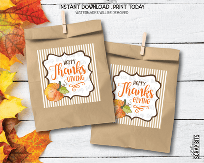 Happy Thanksgiving Tags, Frame on Stripes, Printable Thanksgiving Tags, Instant Download - Scrap Bits