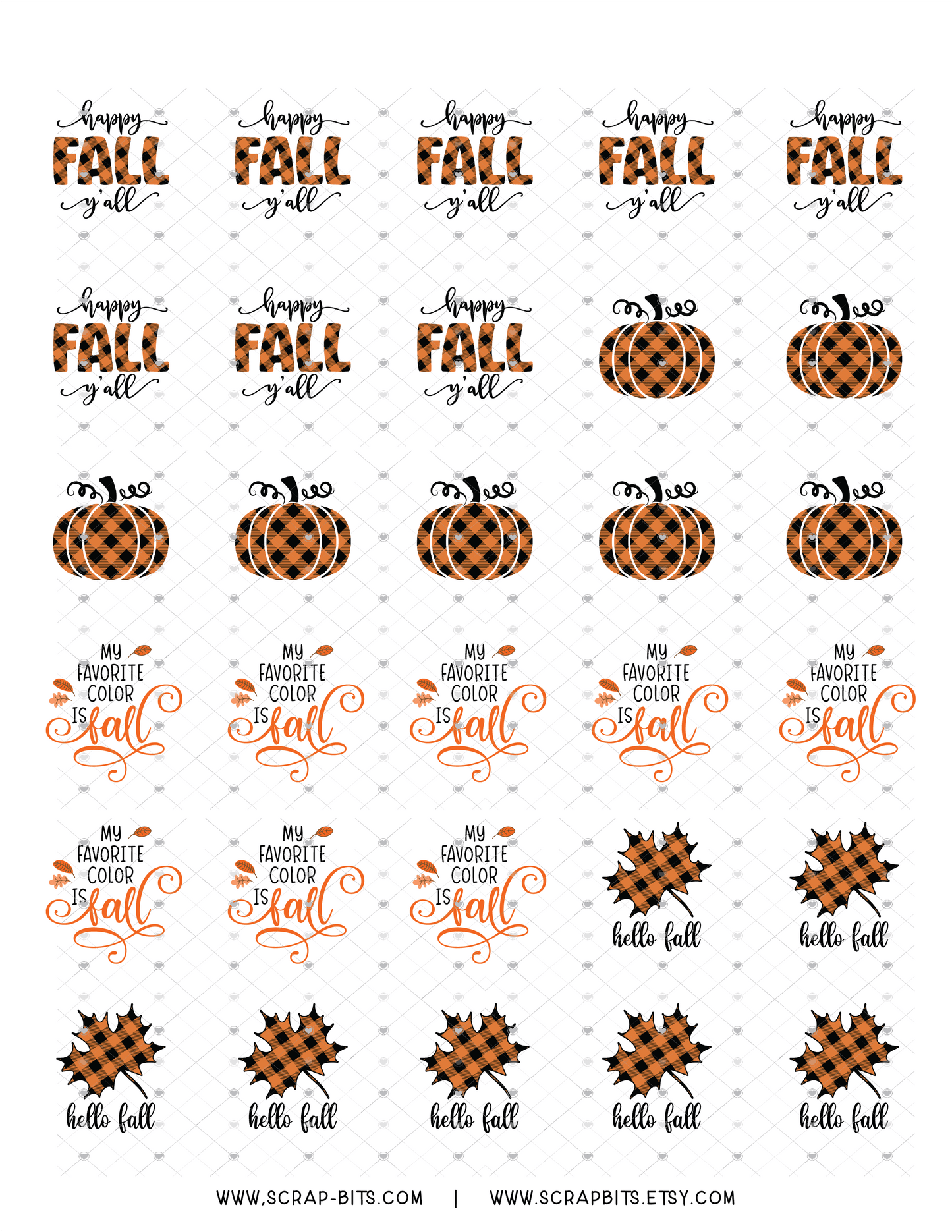 Hello Fall Sticker Set, Buffalo Plaid Happy Fall Y'All, Pumpkin, Leaf - Scrap Bits