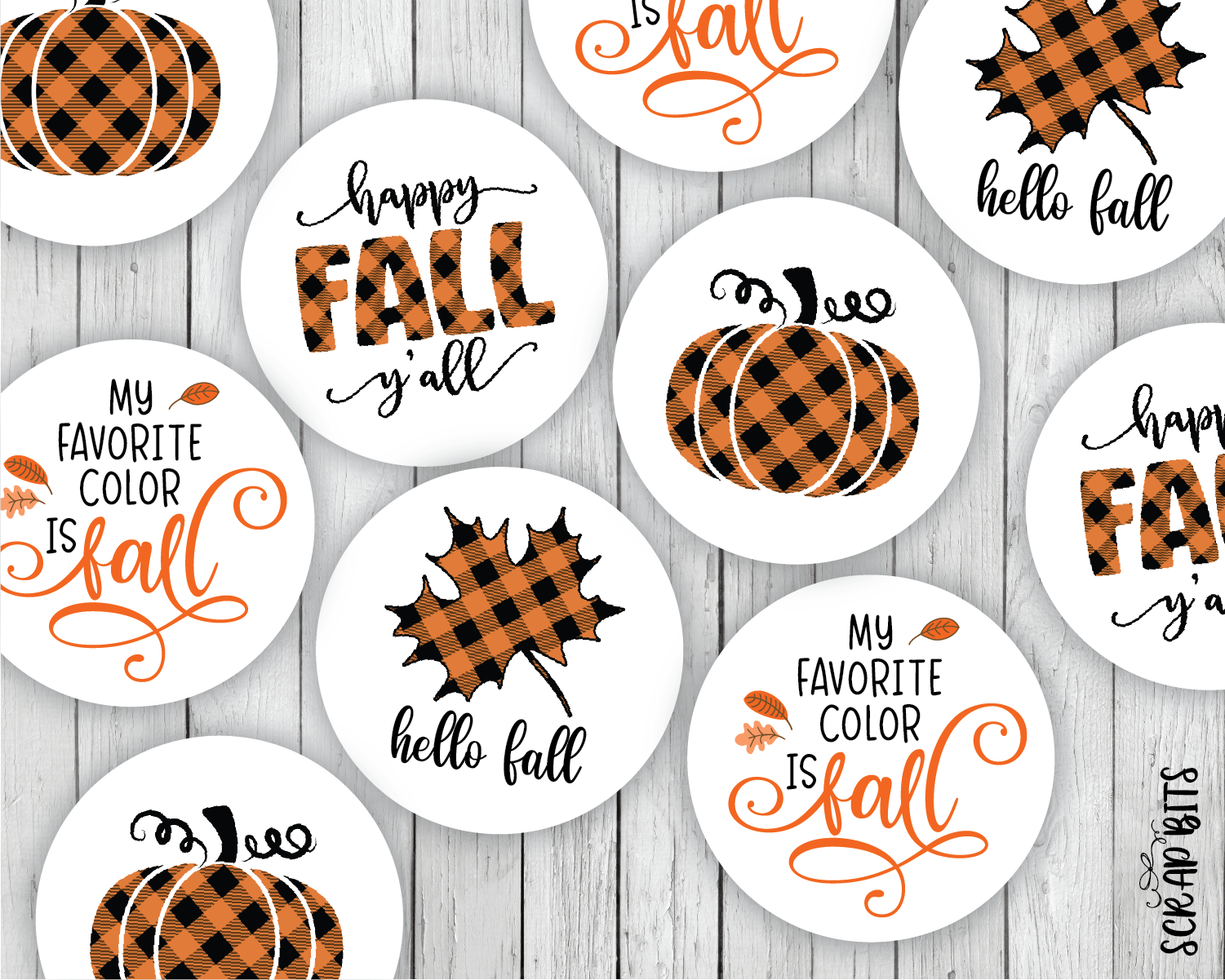 Hello Fall Sticker Set, Buffalo Plaid Happy Fall Y'All, Pumpkin, Leaf - Scrap Bits