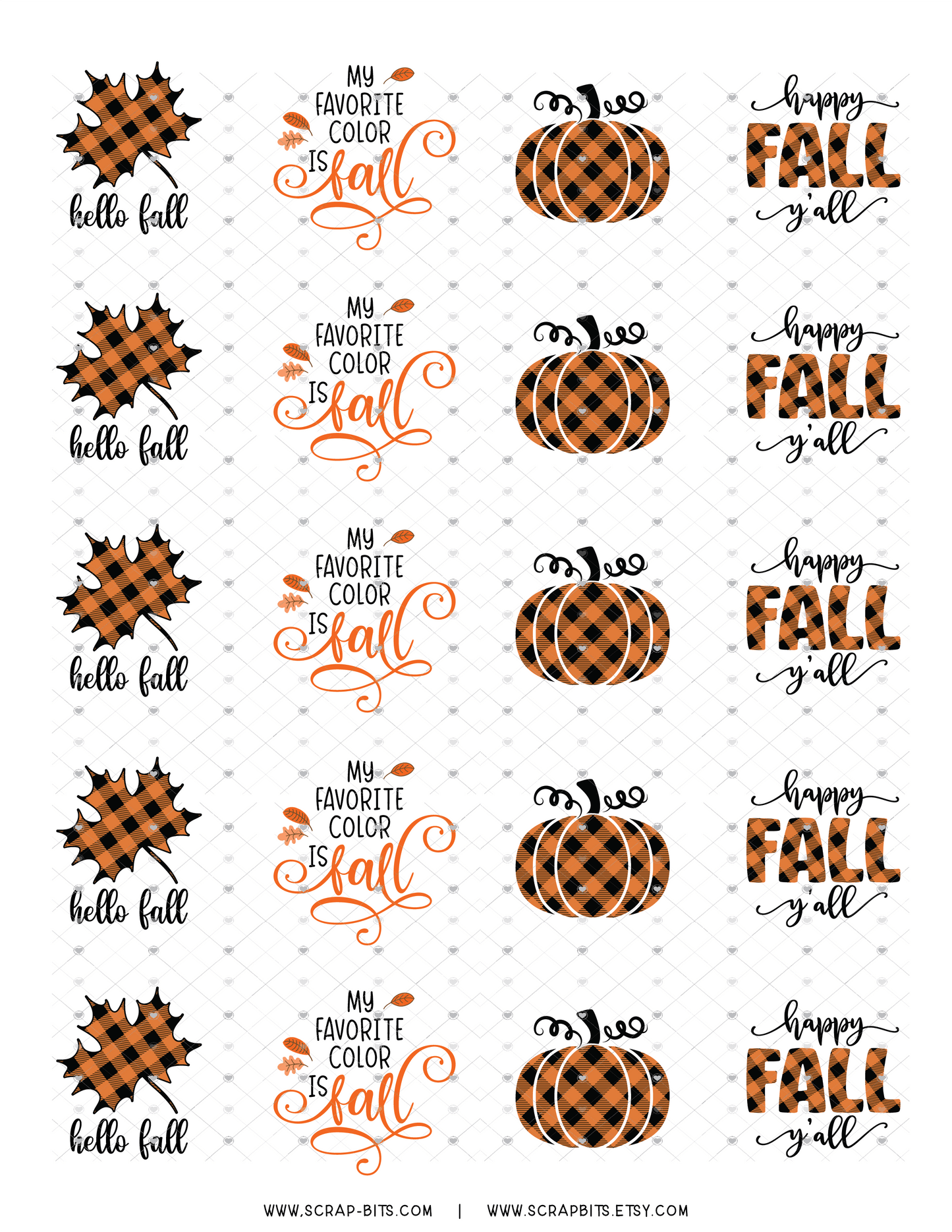 Hello Fall Sticker Set, Buffalo Plaid Happy Fall Y'All, Pumpkin, Leaf - Scrap Bits