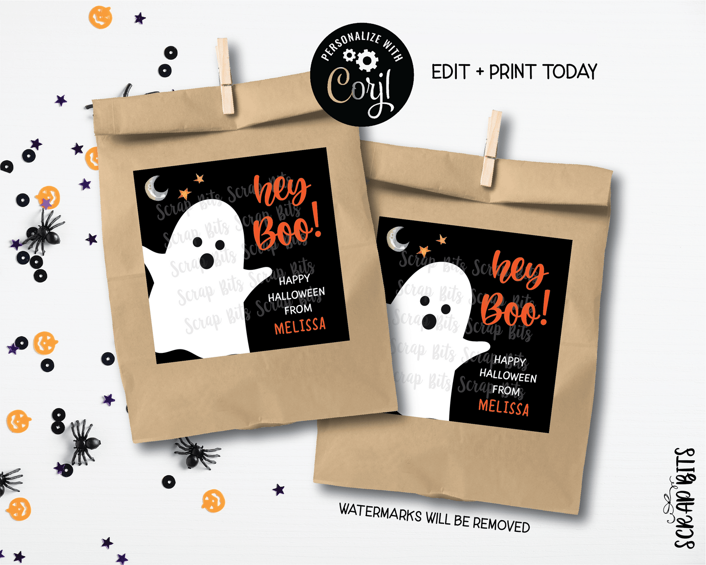 Hey Boo Ghost, Printable Halloween Tags, Instant Download Editable Template - Scrap Bits