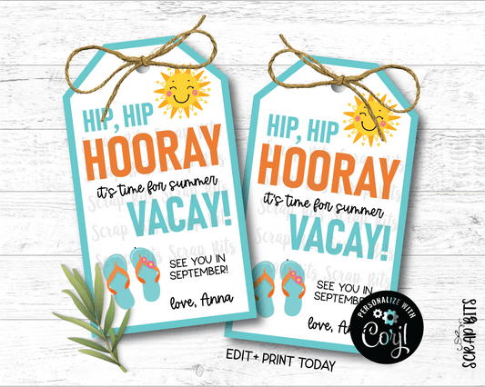 Hip Hip Hooray Summer Vacay Last Day of School Tags, Angle Top, EDITABLE Printable Digital Download - Scrap Bits