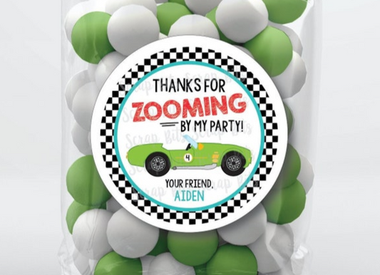 Thanks For Zooming By, Green Race Car, Personalized Racing Birthday Favor Stickers or Tags